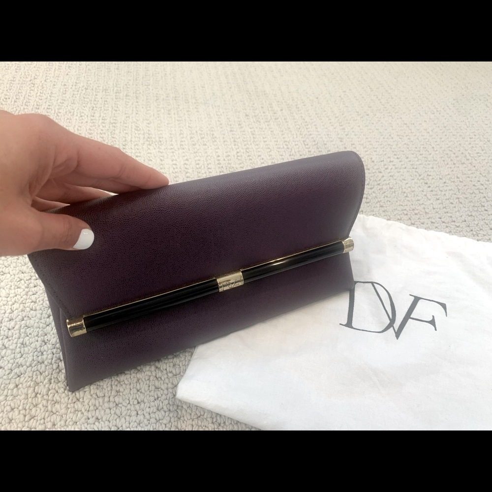 DVF, Dian Von Furstenberg evening clutch in eggplant
